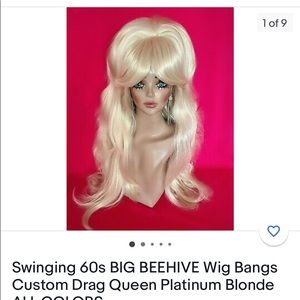 BIG BEEHIVE WIG Drag Queen Wig Platinum Blonde Beehive Bangs Fringe 1960s